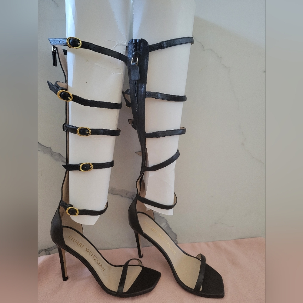 Stuart Weitzman Black Leather Multi-Strap Sandals